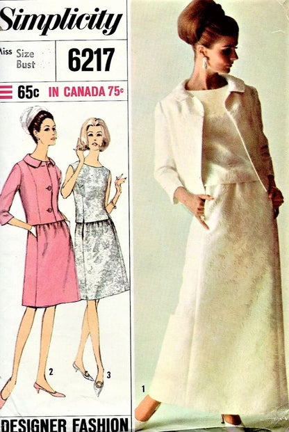 1960s MOD Cocktail Evening Party 2 Pc Dress and Jacket Pattern SIMPLICITY 6217 Designer Fashion Elegant Special Occasion Dress Bust 34 Vintage Sewing Pattern FACTORY FOLDED