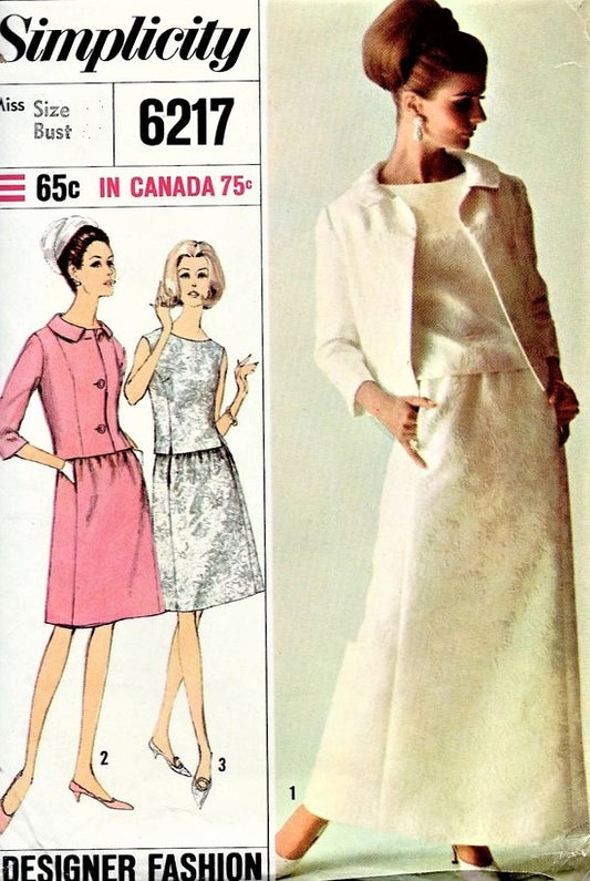 1960s MOD Cocktail Evening Party 2 Pc Dress and Jacket Pattern SIMPLICITY 6217 Designer Fashion Elegant Special Occasion Dress Bust 34 Vintage Sewing Pattern FACTORY FOLDED