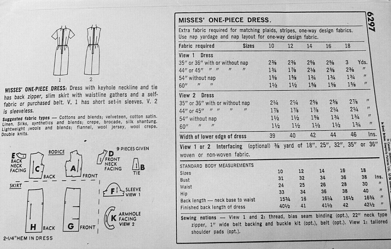 1960s FAB Keyhole Dress Pattern SIMPLICITY 6297 Two Versions Bust 31 Vintage Sewing Pattern UNCUT