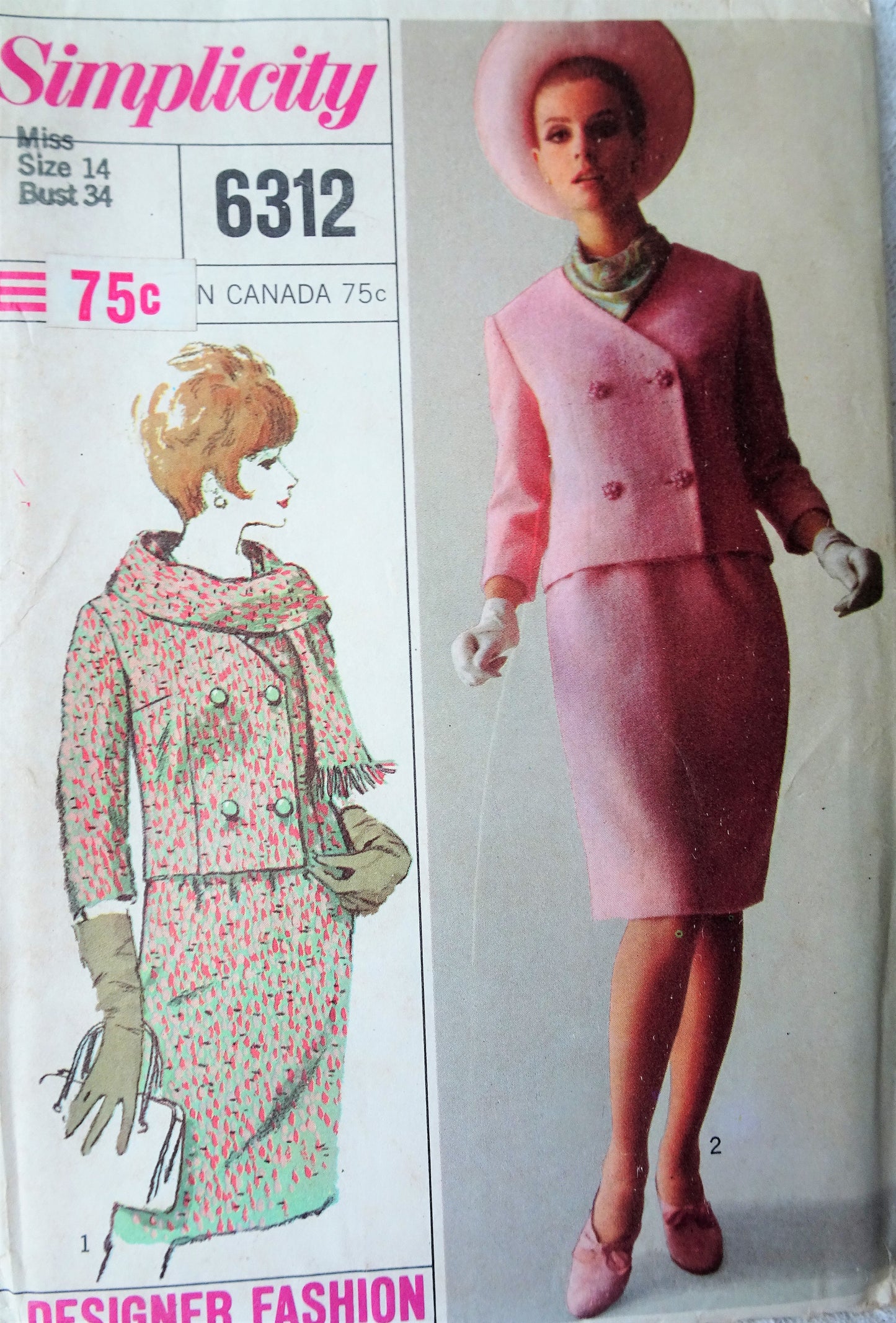 1960s CLASSY Suit Pattern SIMPLICITY Designer 6312 Double Breasted Jacket Slim Skirt and scarf Bust 34 Vintage Sewing Pattern FACTORY FOLDED