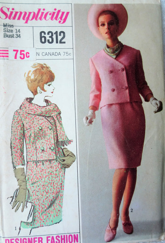 1960s CLASSY Suit Pattern SIMPLICITY Designer 6312 Double Breasted Jacket Slim Skirt and scarf Bust 34 Vintage Sewing Pattern FACTORY FOLDED