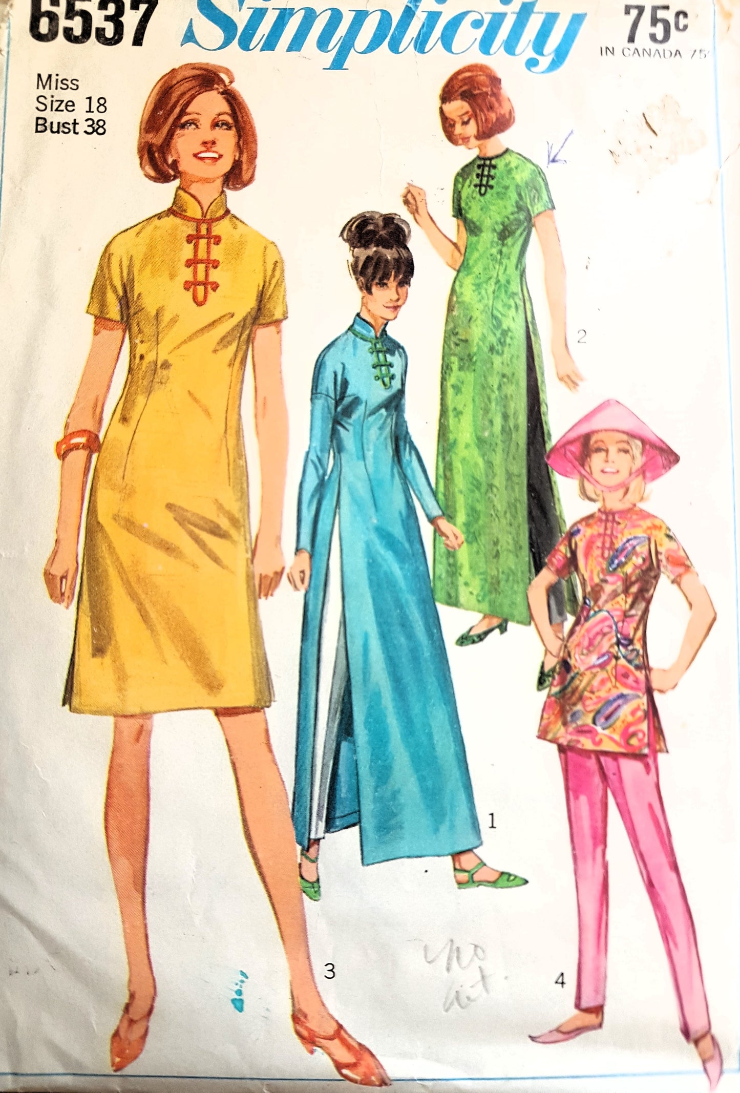 1960s ELEGANT Asian Style Dress and Tunic Pattern SIMPLICITY 6537 Cheongsam Maxi Dress, Hostess Gown, Cigarette Pants, Sun Hat Bust 38  Vintage Sewing Patterns