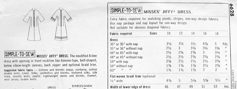 MOD 60s Easy To Sew A Line Dress SIMPLICITY 6628 Bell Sleeves Slit Neckline Cute Dress Bust 31, 32 or 34 Jiffy Vintage Sewing Pattern UNCUT