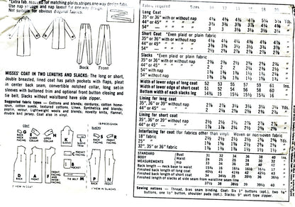 FABULOUS 1960s Simplicity 6682 Pattern Coat in Two Lengths and Style Versions, Slim Side Zipper Pants Slacks Bust 31 Vintage Sewing Pattern UNCUT