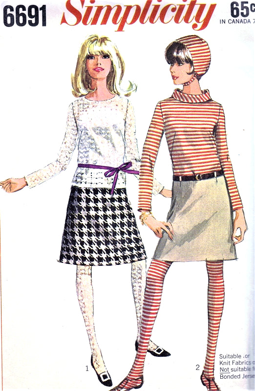 1960s MOD Skirt Blouse Top Hat and Stockings Pattern SIMPLICITY 6691Two Skirt Lengths, 2 Blouse Versions Bust  30 Vintage Sewing Pattern UNCUT