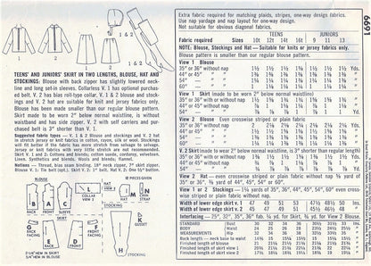 1960s MOD Skirt Blouse Top Hat and Stockings Pattern SIMPLICITY 6691Two Skirt Lengths, 2 Blouse Versions Bust  30 Vintage Sewing Pattern UNCUT