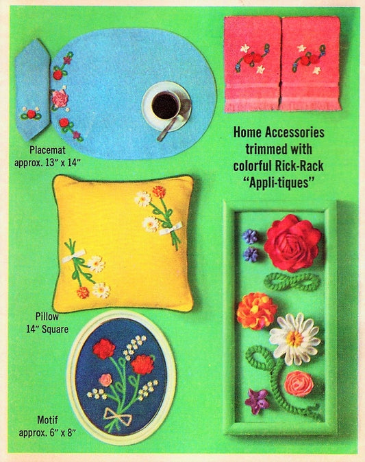 LOVELY 1960s SIMPLICITY 6805 Pattern Home Accessories Trimmed With Colorful Rick-Rack Flower Appli-tiques Vintage Craft Sewing Pattern Home Decor UNCUT