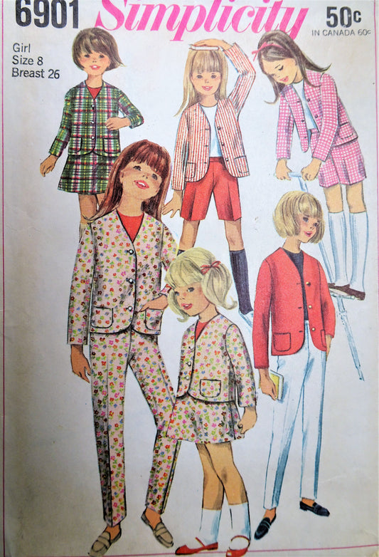 1960s MOD Girls Pants,Shorts Skirt and Jacket Pattern SIMPLICITY 6901 Cute Styles Size 8 Vintage Sewing Pattern