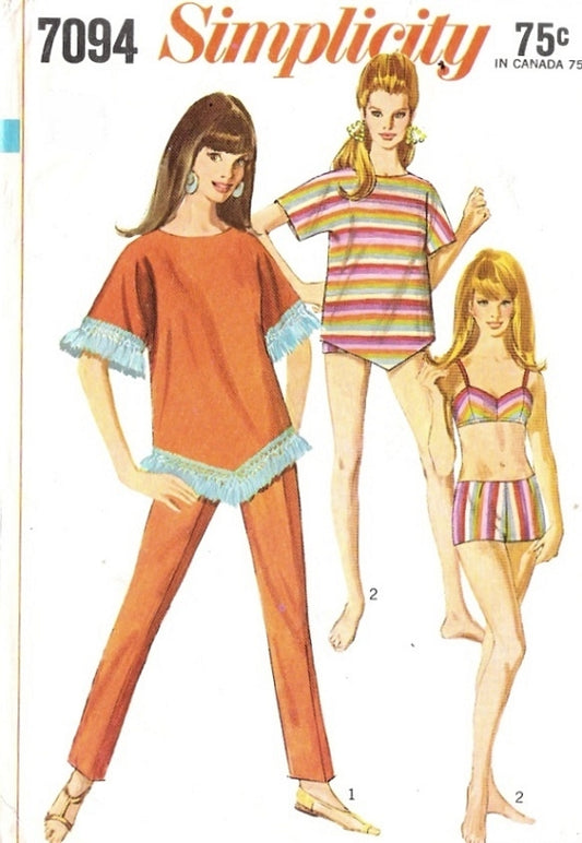 60s FAB Beach Wear Bathing Suit Pattern 2 PC Swimsuit, Slim Leg Cigarette Pants and Overblouse or Beach Cover Up SIMPLICITY 7094 Size 8 Vintage Sewing Pattern UNCUT