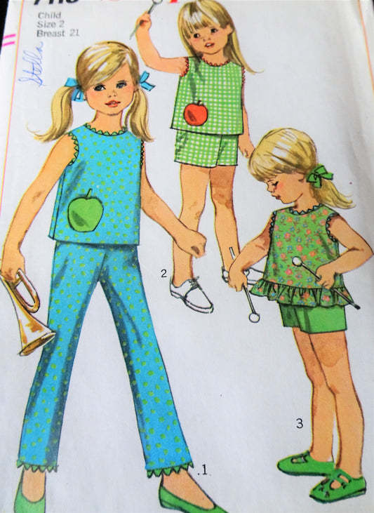 CUTE Little Girls 1960s Tops ,Shorts and Pants Pattern SIMPLICITY 7113 Three  Style Versions, includes Apple Pocket,Toddler Size 2 Vintage Sewing Pattern FACTORY FOLDED