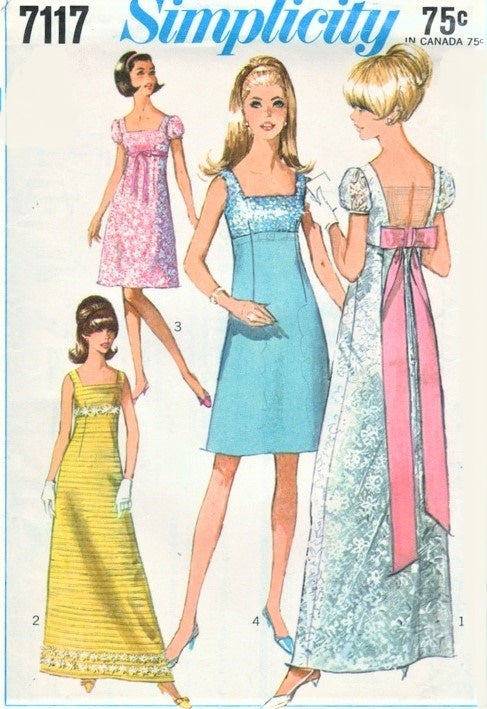 1960s CHARMING Empire Waist Puff Sleeve Bridesmaids, Evening or Prom Dress Pattern SIMPLICITY 7117 Bust 32 Vintage Sewing Pattern