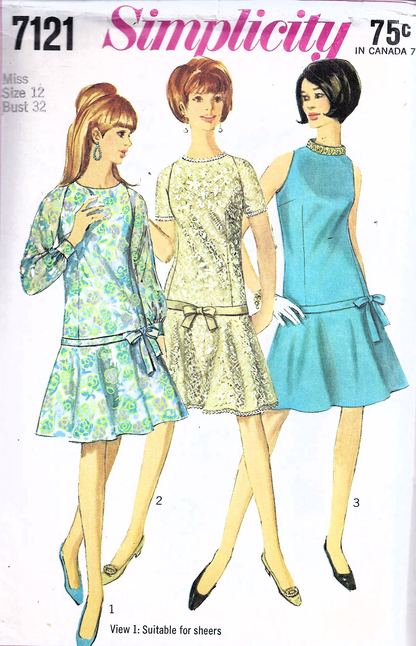 1960s MOD Drop Waist Dress Pattern SIMPLICITY 7121 Three Style Versions Day or Party Dress, Bust 32 Vintage Sewing Patterns FF