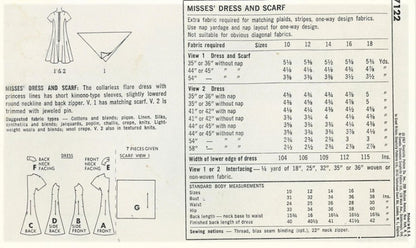 1960s FAB Princess Seam Fit and Flare Dress and Scarf Pattern SIMPLICITY 7122 Bust 32 Vintage Sewing Pattern FACTORY FOLDED