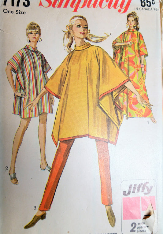 1960s FABULOUS Poncho Burnoose Caftan Pattern SIMPLICITY 7173 Three Lovely Versions One Size EASY To Sew Jiffy Vintage Sewing Pattern FACTORY FOLDED