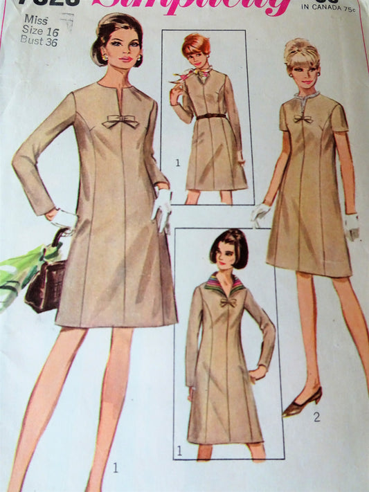 1960s MOD Dress Pattern SIMPLICITY 7320  Slit Neckline Dress With Detachable Collar, Bust 36 Vintage Sewing Pattern