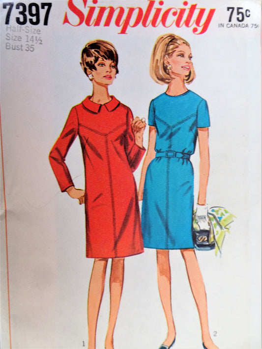 1960s CLASSY Slim Dress Pattern SIMPLICITY 7397 Seam Detail and 2 Neckline Versions, Bust 35 Vintage sewing Pattern FACTORY FOLDED
