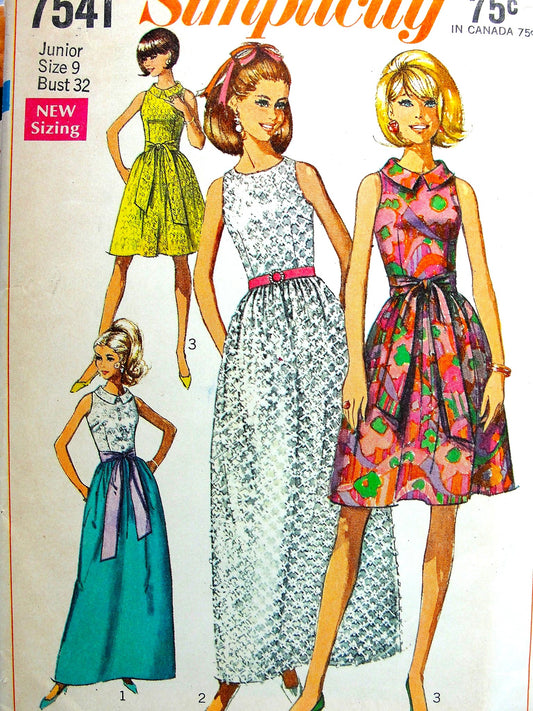 1960s BEAUTIFUL MOD Evening Dress Pattern SIMPLICITY 7541 Three Lovely Styles with Optional Collar and Sash Bust 32 Vintage Sewing Pattern Factory Folded