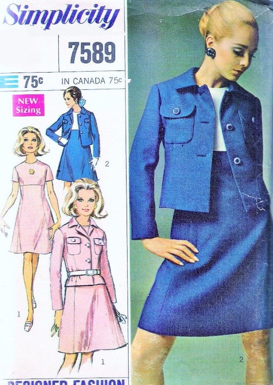 Mod 60s Dress and Jacket Pattern Simplicity Designers 7589 Empire Waist A Line Dress  Vintage Sewing Pattern FACTORY FOLDED