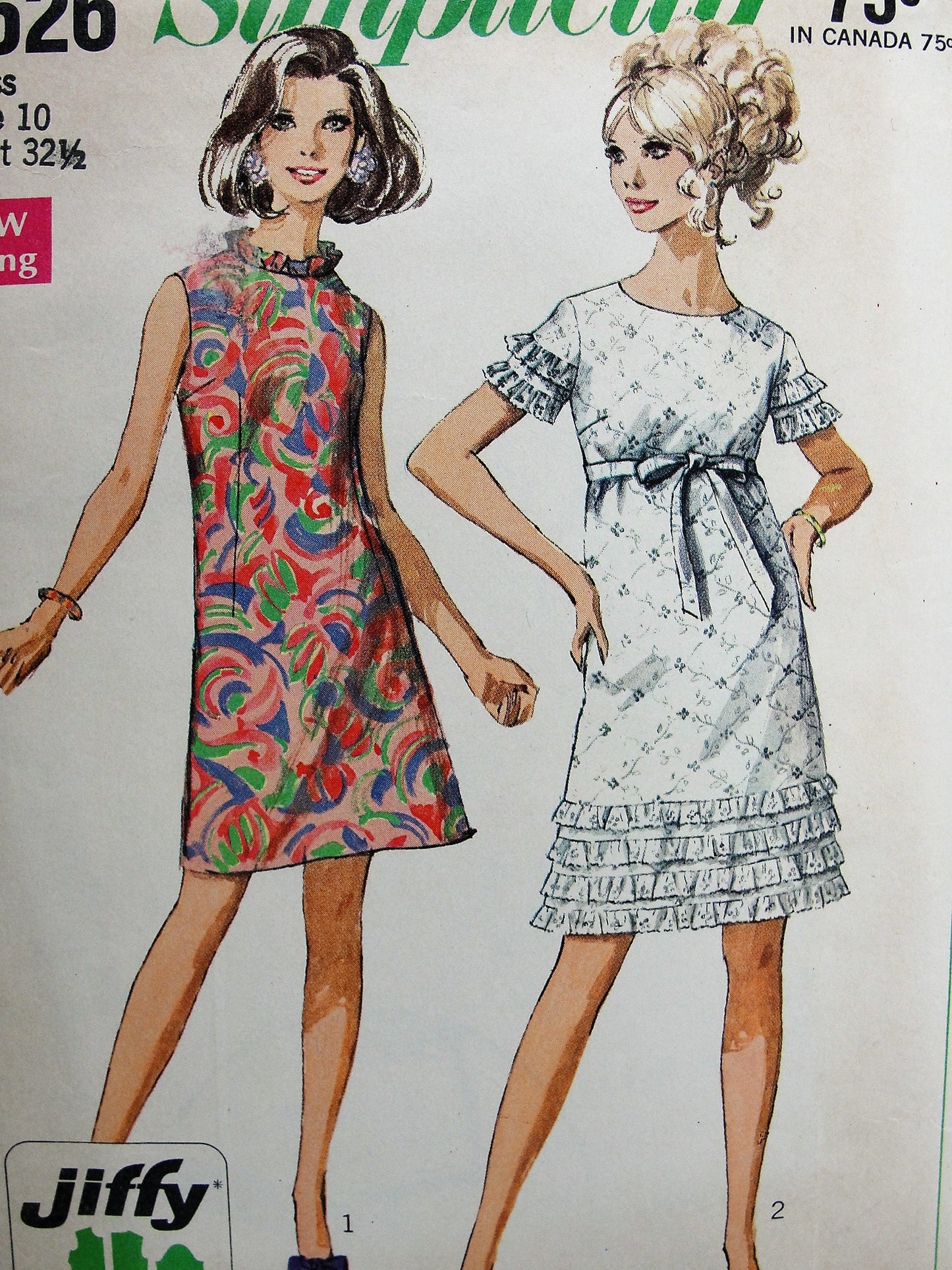 1960s Vintage FLIRTY MOD A-Line Dress with Ruffles in Two Styles Simplicity 7626 Sewing Pattern Bust 32 1/2