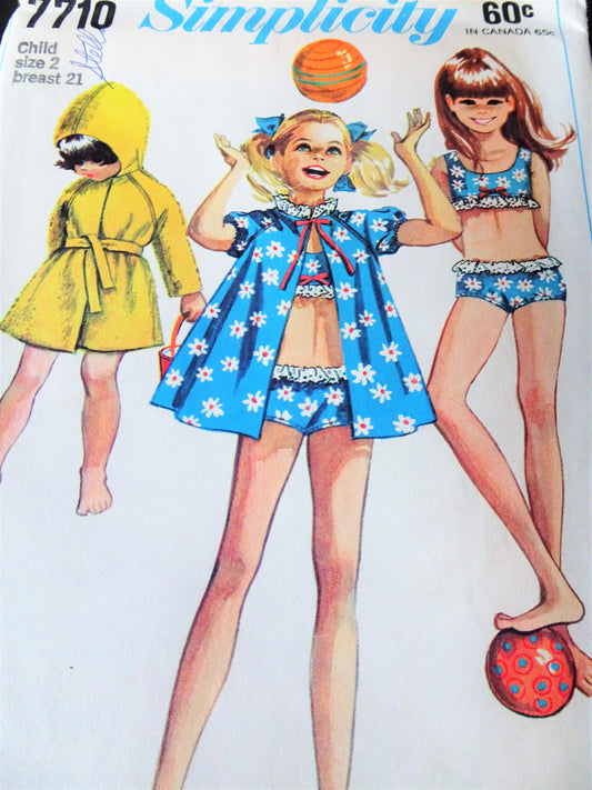 1960s  SWEET Little Girls Toddlers 2 Piece Swimsuit and Beach Coat Pattern SIMPLICITY 7710 Cute Styles,Childrens Size 2 Vintage Sewing Pattern FACTORY FOLDED