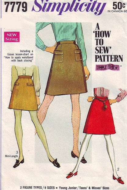 1960s CUTE How To Sew Skirt Pattern SIMPLICITY 7779 Three Style Versions, Waist 23 Vintage Sewing Pattern FF