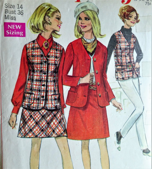 1960s MOD Skirt, Mini Skirt, Jacket and Vest Pattern SIMPLICITY 7794 Cute Styles, Bust 36 Vintage Sewing Pattern