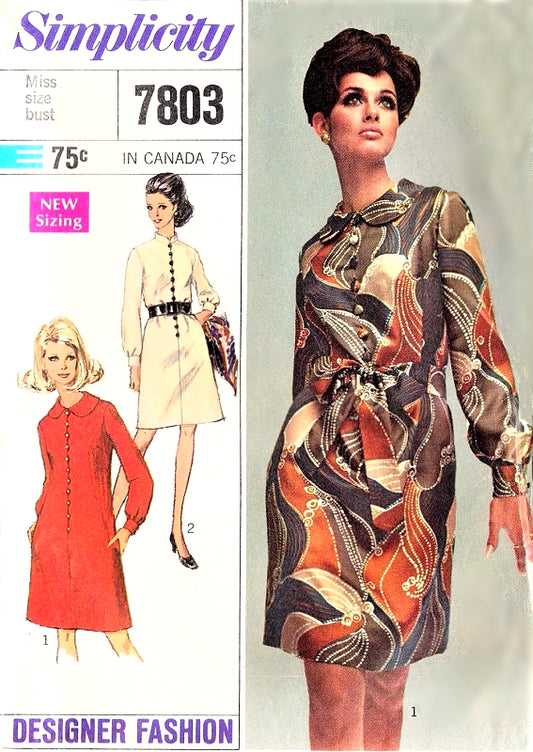 1960s MOD Designer Fashion Dress Pattern SIMPLICITY 7803 Classy Day or After 5 Dress Bust 34 Vintage Sewing Pattern