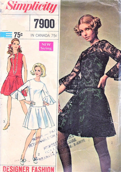 1960s MOD Evening Party Cocktail Dress and Slip Pattern SIMPLICITY 7900 Drop Waist 3 Style Versions Bust 32 Vintage Sewing Pattern UNCUT
