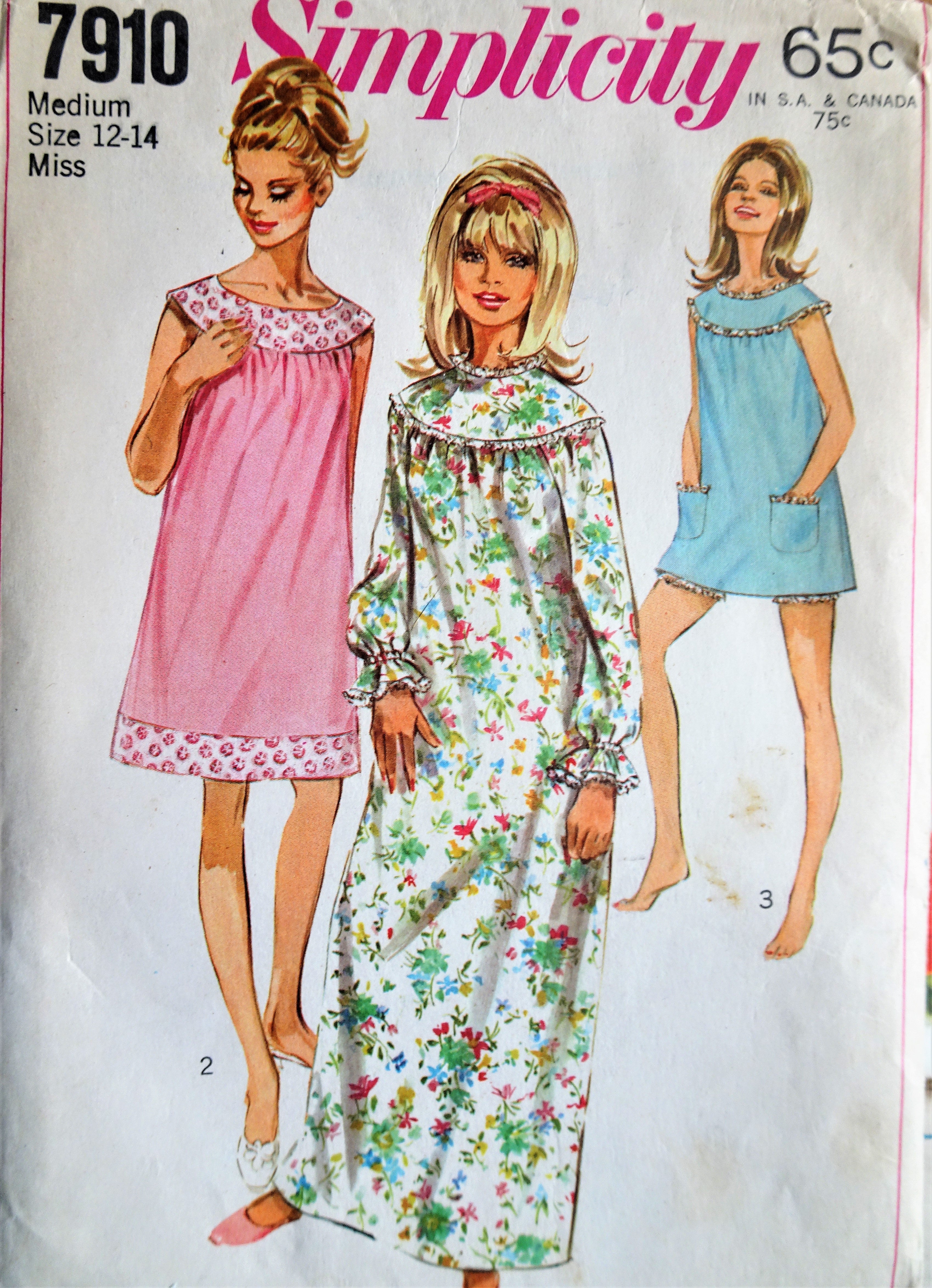 1960s CUTE Nightgown Lingerie Pattern SIMPLICITY 7910 Nightie in 3 Len ...