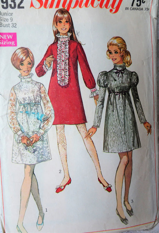 1960s MOD A Line Dress Pattern SIMPLICITY 7932 Cute Empire Waist Dress Day or Party,Bust 32 Vintage Sewing Pattern
