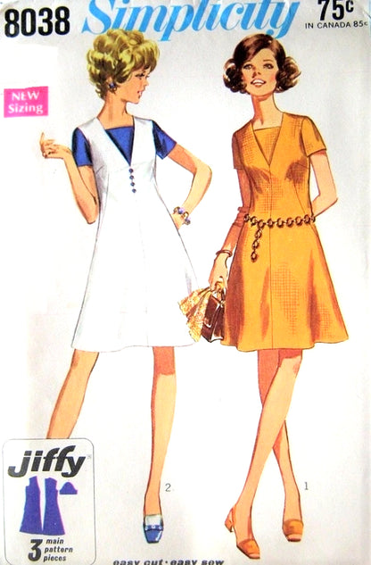 1960s CUTE Flared Dress Pattern SIMPLICITY 8038 Two Versions Bust 32 or 36 Vintage Sewing Pattern UNCUT