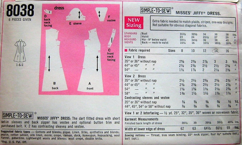 1960s CUTE Flared Dress Pattern SIMPLICITY 8038 Two Versions Bust 32 or 36 Vintage Sewing Pattern UNCUT