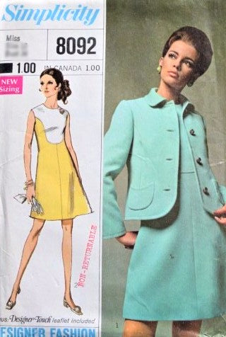 1960s MOD Dress and Jacket Pattern SIMPLICITY Designer Fashion 8092 Color Block A Line Size 8 Vintage Sewing Pattern FF