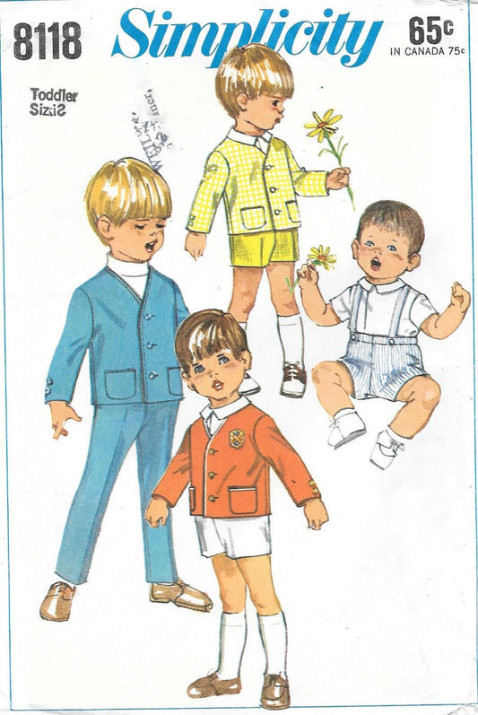 ADORABLE 1960s Toddlers Pattern SIMPLICITY 8118 Cute Little Boys Long Pants, Shorts and Jacket Childrens  Size 1 Vintage Sewing Pattern FACTORY FOLDED