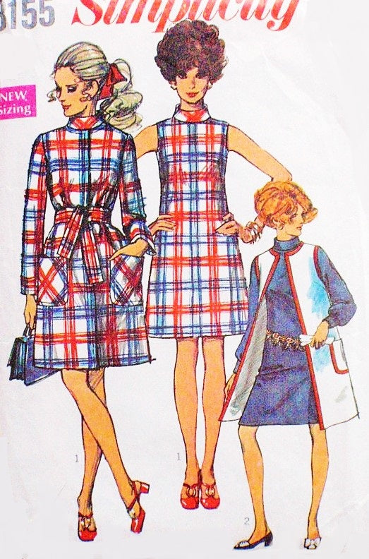 1960s MOD Shift Dress, Wrap Coat and Sleeveless Coat Pattern SIMPLICITY 8155 Bust 32 Vintage Sewing Pattern UNCUT