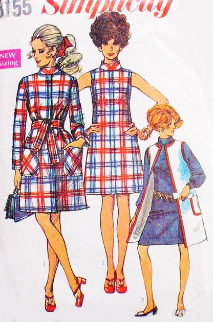 1960s MOD Shift Dress, Wrap Coat and Sleeveless Coat Pattern SIMPLICITY 8155 Bust 32 Vintage Sewing Pattern UNCUT