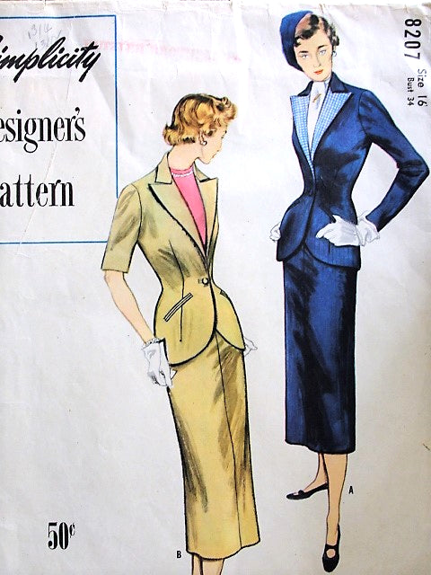 1940s CLASSY Slim Suit Pattern SIMPLICITY Designers 8207 Figure Hugging Suit, Tailored Jacket has  Long Revers Bust 34 Vintage Sewing Pattern