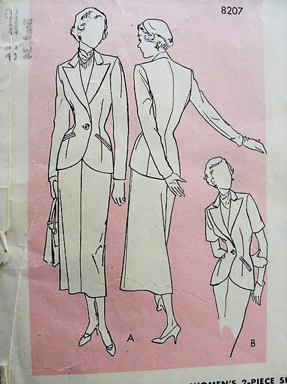 1940s CLASSY Slim Suit Pattern SIMPLICITY Designers 8207 Figure Hugging Suit, Tailored Jacket has  Long Revers Bust 34 Vintage Sewing Pattern
