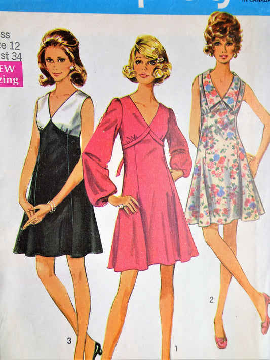1960s MOD Dress Pattern SIMPLICITY 8243 V Neckline Dress Flared Skirt,Three Figure Flattering Style Versions,Bust 34 Vintage Sewing Pattern
