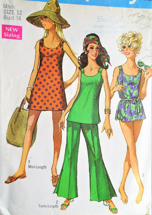 1960s Vintage FUN Bathing Suit and Mini Dress or Tunic Bell-Bottom Pants Simplicity 8246 Sewing Pattern Bust 34