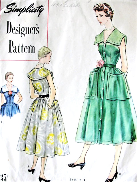 1950s PRETTY Summer Dress Pattern SIMPLICITY Designers 8280 Lovely Collar, Large Pockets Front Button Dress Bust 32 Vintage Sewing Pattern FACTORY FOLDED