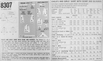 1960s CUTE Little Girls Toddlers Blouse, Shirt and Scarf Pattern SIMPLICITY 8307 Four Styles Size 4 Vintage Sewing Pattern UNCUT
