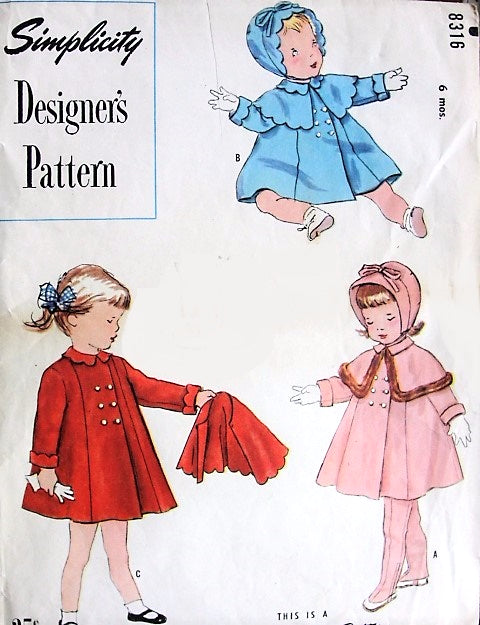 1950 SWEET Little Baby Girls Hat Bonnet ,Coat Detachable Cape and Leggings Pattern SIMPLICITY Designers 8367 Just Adorable Toddlers Baby Styles Size 6 Months Vintage Sewing Pattern