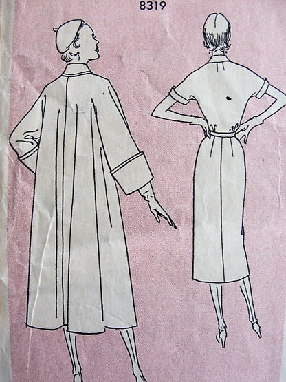 1950s CLASSY Slim Dress and Swing Back Coat Pattern SIMPLICITY Designers 8319 Classic Tailored Slim Dress , Coat Has Wide Cuffs and Back Fullness Bust 30 Vintage Sewing Pattern