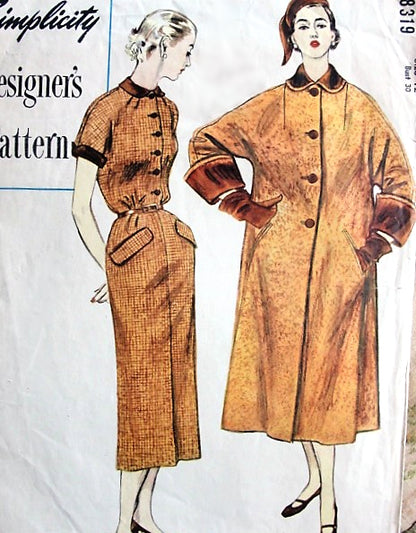 1950s CLASSY Slim Dress and Swing Back Coat Pattern SIMPLICITY Designers 8319 Classic Tailored Slim Dress , Coat Has Wide Cuffs and Back Fullness Bust 30 Vintage Sewing Pattern