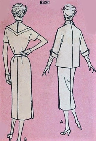 1950s CLASSY Slim Dress and Jacket Pattern SIMPLICITY Designers 8320 Pointed Front and Back Yoke Slim Dress, Cuffed Jacket Daytime or After 5 Bust 30 Vintage Sewing Pattern