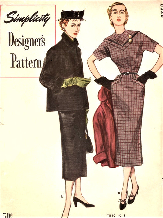 1950s CLASSY Slim Dress and Jacket Pattern SIMPLICITY Designers 8320 Pointed Front and Back Yoke Slim Dress, Cuffed Jacket Daytime or After 5 Bust 30 Vintage Sewing Pattern