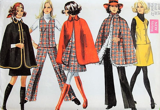 1960s MOD Cape,Vest,Skirt and Pants Pattern SIMPLICITY 8353 Fabulous Styles Bust 36 Vintage Sewing Pattern