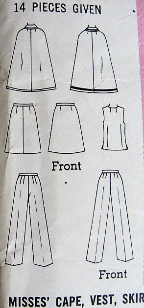 1960s MOD Cape,Vest,Skirt and Pants Pattern SIMPLICITY 8353 Fabulous Styles Bust 36 Vintage Sewing Pattern
