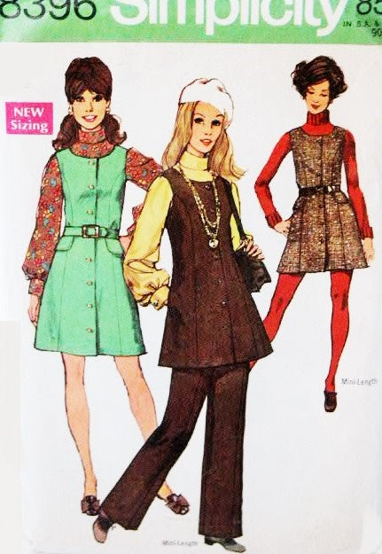 MOD 60s Mini or Regular Jumper Dress and Pants Pattern SIMPLICITY 8396 Cute Styles Bust 34 Vintage Sewing Pattern